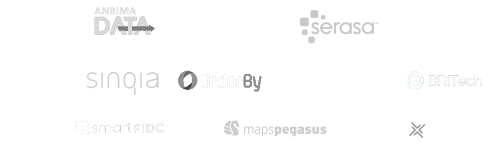 Parceiros: ANBIMA DATA · Serasa · Sinqia · OrderBy · BRITech · smartFIDC · Maps Pegasus
